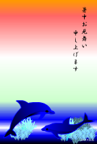 暑中見舞いテンプレートは下からブルー薄い緑オレンジの背景に下部にサンゴの前で2頭のイルカが泳いでいるイラスト